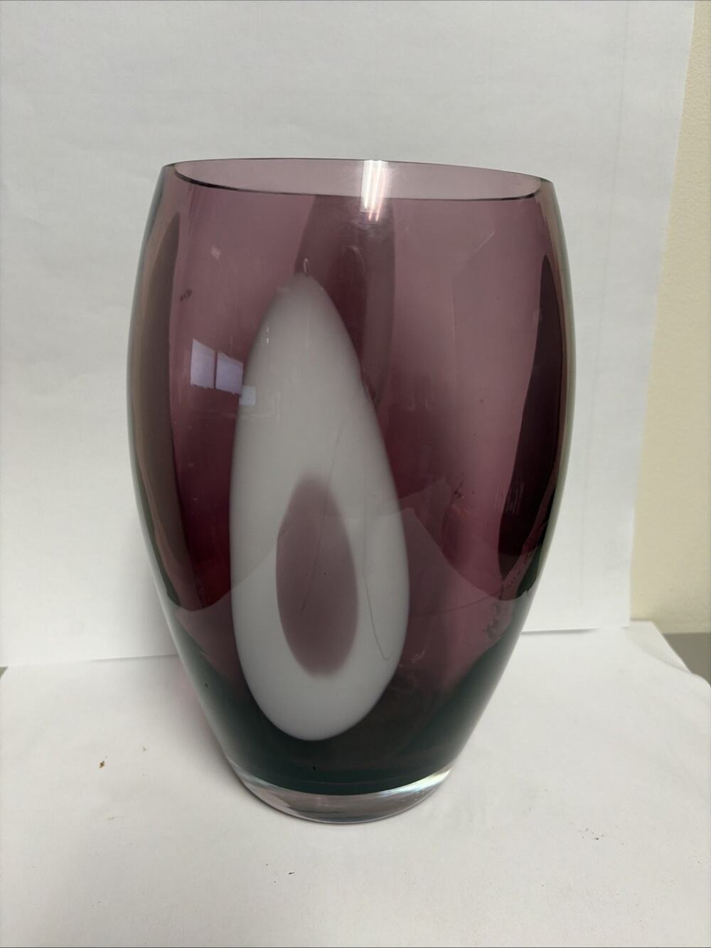 Blown Crystal Glass Amethyst Purple White Vase 10.5 x 6 x 4.25" Made In Poland - Picture 1 of 7